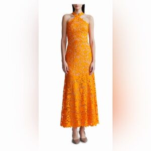 Lela Rose Tangerine Floral Guipure Lace Halter Maxi Dress